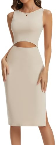 SHAPERIN Abito midi da donna senza maniche, elegante Cut Out Bodycon con con fessura, lunghezza al ginocchio