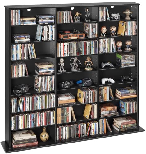 VEVOR Media Storage Cabinet, 8-Tier DVD Shelf Organizer, 55.91 x 8.66 x 51.18 in Multimedia Storage Organizer for CDs, DVDs, Books & Games, CD Shelf for Living Room, Home Office, Recording Room, Black