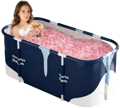 ShkitAelling Bañera plegable para adultos, 140 x 60 x 50 cm, baño de spa móvil con aislamiento de 6 capas, bandeja de ducha plegable para spa en casa, jardín y apartamento pequeño, azul y blanco