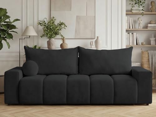 GRAINGOLD Miro Sofa modern mit Bettfunktion, 230x90 cm, Sofa für Wohnzimmer, Velours-Stoff, 3-Sitzer Couch, Sofa mit Bettkasten (Schwarz)
