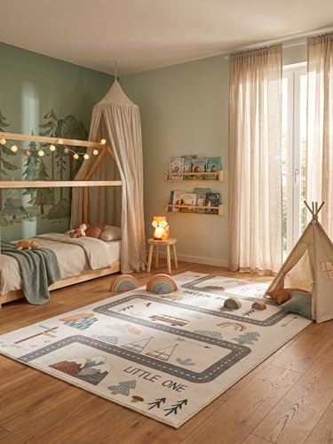 KADIMA DESIGN Kinderteppich Straßenkarte Abenteuer Waschbar Maschinenwaschbar Spielteppich Jungen Mädchen Kinderzimmer Schadstoffgeprüft Kurzflor Creme 80x150 Oeko-TEX | Tino