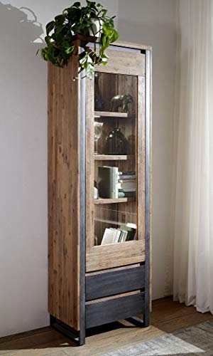 Main Möbel Vitrine 62x204cm Akazie massiv Metall gebürstet Wohnzimmervitrine