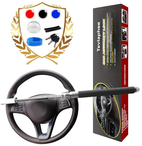 Tevlaphee Steering Wheel Lock for Cars,Wheel Lock,Vehicle Anti-Theft Lock,Adjustable Length Clamp Double Hook Universal Fit Emergency Hammer Window Breaker Self Defense Heavy Duty Secure