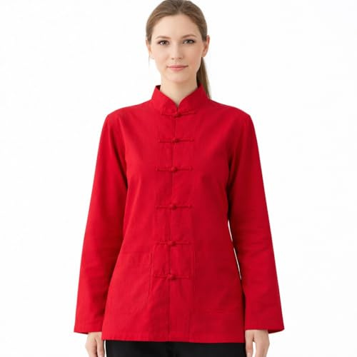 Lazutom Women’s Linen Kung Fu Tai Chi Shirt – Long Sleeve Traditional Tang Suit Top for Martial Arts Training & Daily Wear Red