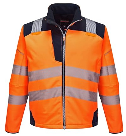 Portwest T402 PW3 Hi-Vis Softshell Long Sleeve Water Resistant Bound Cuffs | Orange/Navy, Large, RIS 3279-TOM, UPF 40+, EN ISO 20471, 40% Polyester, Curved Back Hem, Lightweight, Drawcord Adjustable Hem