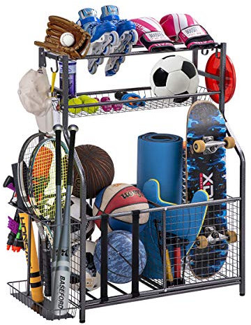 Organiseur de rangement pour équipement de sport de garage avec paniers et crochets – Facile à assembler – Support pour ballons de basketball, battes de baseball, football, raquettes de tennis et