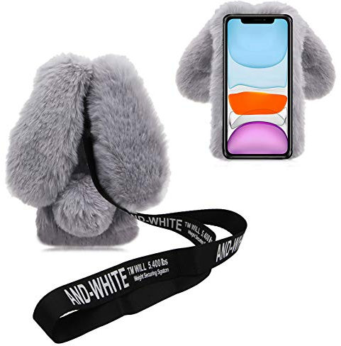 DasKAn Kompatibel für iPod Touch 5/6 / 7 Plüsch Hülle mit Handykette, 3D Hasenohren Design Handmade Glänzend Diamant Winter Warm Weich Kaninchen Flauschig Fell Schutzhülle, Hellgrau