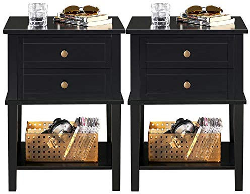 Yaheetech Lot de 2 Tables de Chevet en Bois Tables de Nuit Bout de Canapé avec 2 Tiroirs et 1 Étagère de Rangement Désign Moderne pour Chambre/Salon/Bureau Noir