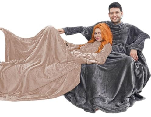 TV-Decke Kuscheldecke mit Ärmeln 170x200 cm - Coral Fleece Tagesdecke Super Weich Warm - Beige
