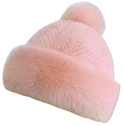 iSpchen Damenmütze Fellmütze Kunst Pelz Mütze Kunstpelzmütze Winter Warme Mütze Kunstfell Wintermütze Bommel Ohrenschutz Cap Mütze,Rosa