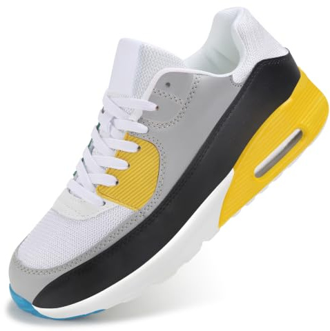 Padgene Men Women Running Shoes Sports Trainers Breathable Lightweight Sneakers Air Cushion Low Top Footwear Waking Fitness Lace up Shoes for Walking Gym Jogging Fitness Athletic Casual Yellow