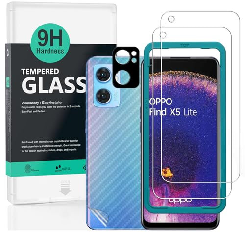 Ibywind Verre Trempé de Protection pour Oppo Find X5 Lite 5G 6.43,[Paquet de 2] avec Métal Protecteur D'écran de Caméra,Protection arrière Effet Fibre de Carbone,avec Une kit d'installation Facile