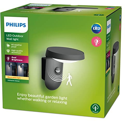 PHILIPS Tyla Outdoor Wandleuchte (9 W), wetterfeste Außenleuchte mit Bewegungssensor und warmweißer LED Beleuchtung, anthrazit, Warmweiß