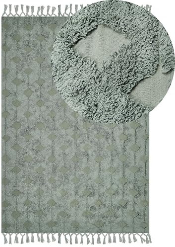 Beliani Teppich Baumwolle grün mit Fransen geometrisches Muster 160 x 230 cm Kars