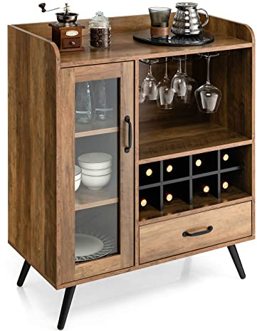COSTWAY Armario de Vino, Gabinete de Licor con Puerta y Cajón, Gabinete de Almacenamiento de Madera con Estante de Vino y Portavasos, Aparador Industrial con Patas de Metal para Cocina