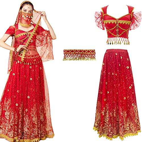 YEAJION Damen Prinzessin Jasmin Kostüm mit Zubehör Prinzessin Aladdin Cosplay Kostüm Bauchtanz Outfit Halloween Karneval Party Bühnenauftritt Kostüm für Erwachsene