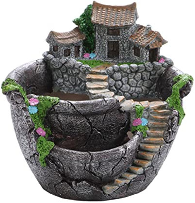 Jorzer Succulent Planter Sweet House Fairy Garden Planter, 3-Pot, Resin, 17.5x17x16 cm / 6.89x6.69x6.30 inch, As Shown, Outdoor