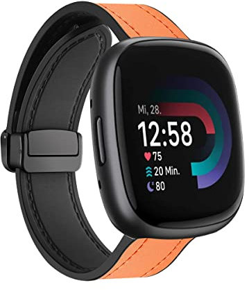 Magnetische Leder Armband für Fitbit Sense 2 / Fitbit Versa 4 Armbänder, Magnetische Leder Silikon Hybrid Ersatzarmband Kompatibel mit Armbänder Fitbit Sense 2 / Fitbit Versa 4 (C)