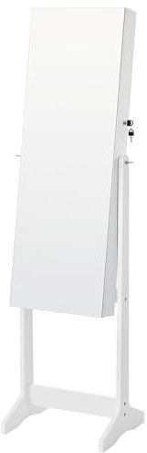 SONGMICS Armoire à Bijoux sur Pied, Rangement Bijoux avec Miroir Psyché Sans Cadre, Éclairage LED, Miroir de Maquillage Intégré, 2 Tiroirs, Verrouillable, Blanc Nuage JJC023W01