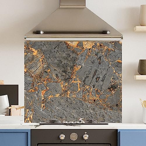 Premium 90 cm x 75cm Grey Marble Glass 6mm Kitchen Splashback Heat Resistant Toughened Polished Edges - Back Splash Back Coloured Hob Painted Tempered Splashback