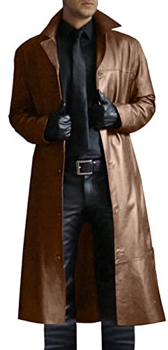 HAOLEI Mens Leather Trench Coat, Leather Full Length Windbreaker Gothic Faux Leather Steampunk Overcoat Clearance Winter Casual Outwear Lapel Motorcycle Long Trench Coat