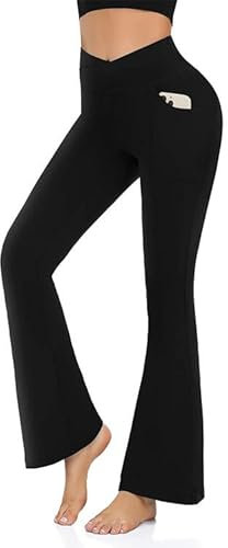 Hanaoops Yogahosen Damen Hohe Taille Crossover Bootcut Schlaghose mit Taschen Sweathose Fitnesshose Lounge Bell Bottom Jazz Black/L