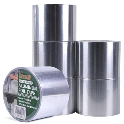 TAPEBEAR Ruban Adhésif En Aluminium, Ruban D'étanchéIté Haute Temperature, Résister à 80°C à 100°C, Pour La Réparation, Isolation, Tuyaux, Plomberie, 4inch X 50yard, Argent, Lot De 6