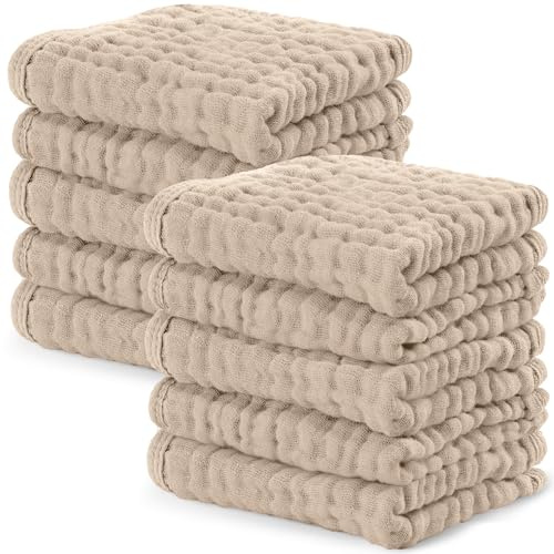 Comfy Cubs Muslin Cloths for Baby 10 Pk - Sand | Soft 6-Layer Cotton Baby Muslin Cloths for Delicate Skin - 25 x 25 cm Large Size, Absorbent, Durable, Gentle Wash Cloth