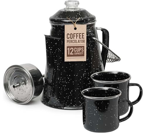 Toughty Enamel Coffee Percolator - Stovetop Coffee Maker for Camping, Open Fire, Grill, or Stove - Vintage Coffee Pot - Durable Old-Fashioned Metal Percolator w/ 2 Cups & 12 Coffee Filters - Black