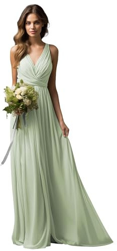 JAEDEN Brautjungfernkleider Lang A-Linie Abendkleid Chiffon Falten Hochzeit Party Kleid V-Ausschnitt Ärmellos Salbeigrün 38