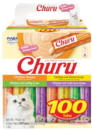 INABA Churu Cat Treats, Lickable, Squeezable Creamy Purée with Vitamin E, 0.5 Ounces per Tube, 100 Tubes Total, Chicken Variety