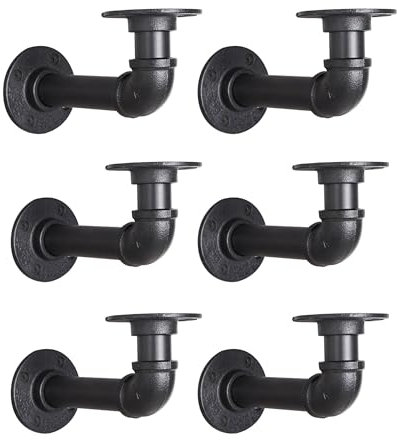 YCCO Industrial Pipe Shelf Brackets (6 Pack), Heavy-Duty 3/4 Iron, Wall Mount, Fits 6-12 Board Depth, Black - DIY Pipe Shelves