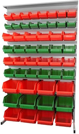 LEOMAR Werkstattregal, Zweiseitig mit 104 Stapelboxen, Freistehend & Gebrauchsfertig, für Werkstätten & Produktionsfirmen, Lagersystem mit Sichtlagerkästen, 67 x 94 x 156 cm, Rot & Grün
