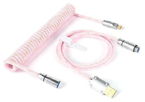 ZIYOU LANG & ATTACKSHARK C05 Custom Coiled Mechanical Keyboard Cable Double-Sleeved Braided Keyboard Cord with CNC Copper Detachable Aviator Connector 1.6M USB-C to USB-A for Keyboard/PC/Phone (Pink)