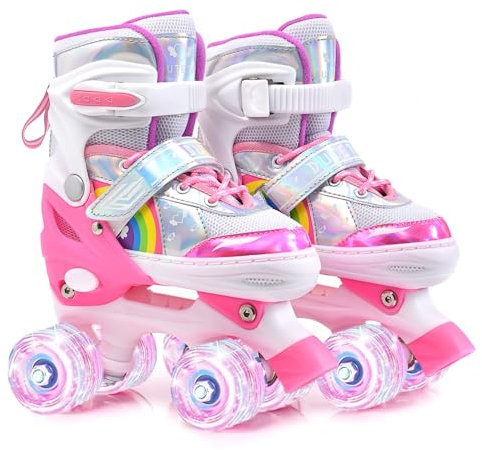 ERNAN Rollschuhe Mädchen Verstellbar.komfortabl LED Rollerskates für Jugendliche und Anfänger.4 Größen verstellbar,Rollschuhe für Mädchen,Jungen und Anfänger (Rainbow, M)