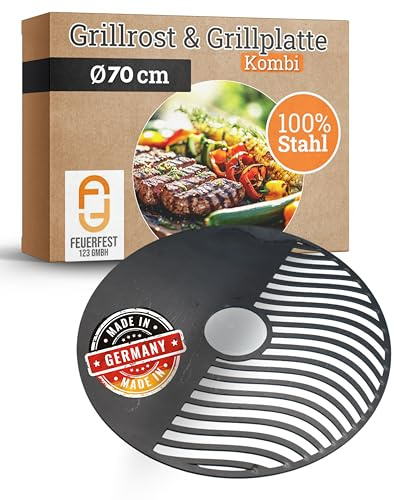 Feuerfest 123 Kombi Grillrost & Grillplatte I Ø 70cm inkl. Loch I Hochwertiges Grillgitter aus Stahl I Grillplatte mit 4mm Stärke I Gitterrost aus Handarbeit I Ideal für Gas-, Kohle- & Kugelgrill