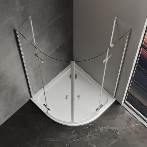 IMPTS Duschkabine Viertelkreis 80x80 cm, Runddusche Duschabtrennung Viertelkreis Falttür Viertelkreisdusche mit Diagonalen Sicherheitsstange Höhe 185cm, Ohne Duschtasse & Ablauf