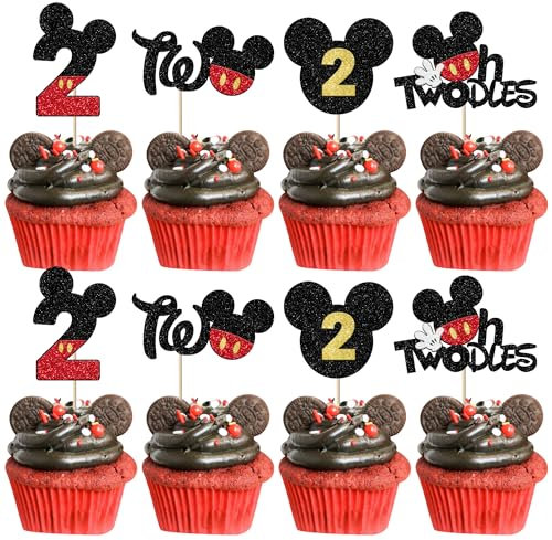 Xsstarmi 24 Pack 2nd Birthday Mouse Inspired Cupcake Toppers, Mini Two Oldes Cupcake Picks for Baby Shower Kids Birthday Party Cake Decorations