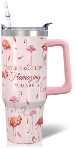 30oz Flamingo Gifts For Womens - Flamingo Tumbler Insulated Double Wall Stainless Steel Cute Flamingo Coffee Cup Tumbler with Handle and Straw Flamingo Gifts