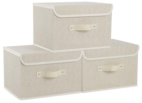 ENUMAIL Storage Boxes, Cube Fabric Baskets with Flip-Top Lid and Handles, Bins for Organizing Home, Office and Closet, Grey and Beige, 3 Pack, 33x23x20cm