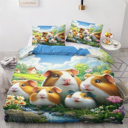 GEDAEUBA Meerschweinchen Bettwäsche 135x200 Winter - Kinder Tiere Bettbezug 135 x 200 2er Set, Wendebettwäsche und Kissenbezug 80x80, Weiche Mikrofaser Bettwäsche-Sets mit Reißverschluss