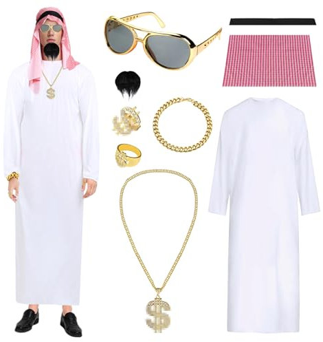 Gxlaihly Vestito Arabo Uomo,Costume da Sceicco Arabo,Costume Arabo Sceicco,Vestito Arabo Uomo bianca con Bandana,Anello per Dita,Collane,Braccialetto,Occhiali da Sole,per Carnevale,Feste,Cosplay (M)