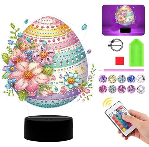 Diamond Painting Nachtlicht Tischdeko Ostern Deko, Diamant Malerei Ostereier Osterdeko Nachttischlampe Tischlampe LED mit Fernbedienung, DIY 5D Diamant Painting Lampe Ostern Geschenk (T)