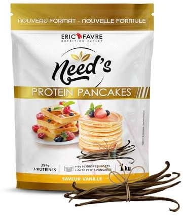 PROTEINE PANCAKE NEED's - Poudre Protéinée pour Pancakes, Crêpes, Gaufres - Pâte Pancake Protéine Riche en Fibres, Glucides, Faible en Sucre - 1kg - Saveur Vanille - Eric Favre