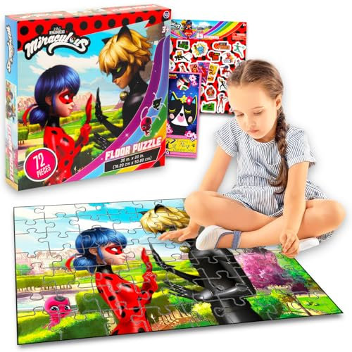 Miraculous Marienkäfer-Bodenpuzzle für Kinder – Bündel mit 72-teiligem Bodenpuzzle plus Aufklebern, mehr | Miraculous Marienkäfer-Puzzles für Mädchen im Alter von 4-8 Jahren