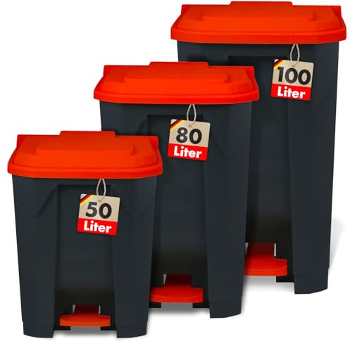 casa pura Mülltonne, Mülleimer 50 Liter, roter Deckel, Abfalleimer für Küche und Büro, Mülltrennsystem, Tretmülleimer mit Step-On-Mechanismus, Papierkorb Olaf