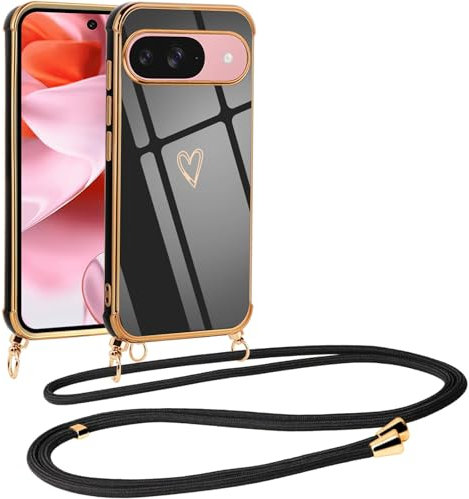 Vauki Coque pour Google Pixel 9 5G avec Cordon de Collier, Galvanisé Etui Housse avec Motif Coeur d'amour, Antichoc Anti-Rayures Case avec Bandoulière pour Google Pixel 9 5G 6.3, Noir