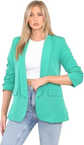 eyes Lined Blazers for Women Casual Long Ruched Sleeve Suit Plain Open Jackets Work Office Coats Cardigan Suit Formal Jacket Top Solid Color Collar Italian Ladies Blazer Size (Jade, UK 18)
