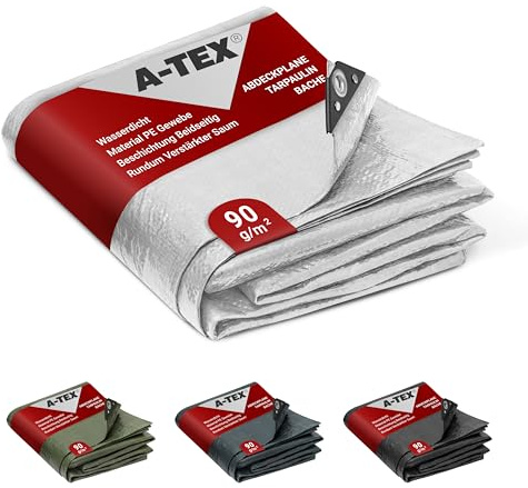 A-TEX® Abdeckplane 90g/m² (Weiß 10 x 15 m) | Verschiedene Stärken, Größen und Farben wählbar | Plane mit Ösen | Gewebeplane Gartenplane Holzplane Schutzplane | wasserdicht | reißfest | UV-stabilisiert