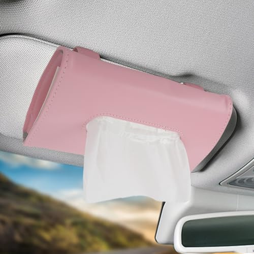 Car Tissue Holder, PU Leather Sun Visor Tissue Box Holder (Pink) | Multifunctional Non-Slip Sun Visor Hanging Paper Towel Clips Holders Fits Most Vehicles & Boats